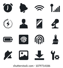 Set of vector isolated black icon - microphone vector, mobile, gallery, themes, user, alarm, bell, download, wireless, mute, fingerprint id, cellular signal, battery, charge, root setup