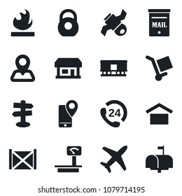 Set of vector isolated black icon - signpost vector, navigation, store, plane, satellite, 24 hours, mobile tracking, container, cargo, warehouse storage, heavy, flammable, scales, railroad, mailbox
