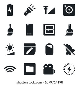 Set of vector isolated black icon - phone back vector, mobile camera, themes, scanner, folder, notes, wireless, torch, mute, brightness, video, cellular signal, battery, charge
