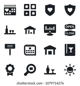 Set of vector isolated black icon - statistic monitor vector, plant label, heart shield, medical calendar, warehouse, search cargo, application, sertificate, alcohol, wine card, open close
