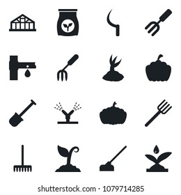 Set of vector isolated black icon - garden fork vector, shovel, farm, rake, sproute, hoe, sickle, pumpkin, greenhouse, fertilizer, drip irrigation