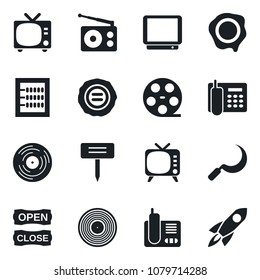 Set of vector isolated black icon - tv vector, stamp, sickle, plant label, reel, vinyl, radio, phone, abacus, office, open close, rocket