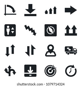 Set of vector isolated black icon - elevator vector, right arrow, crisis graph, route, navigation, up side sign, data exchange, download, compass, moving, target, clock