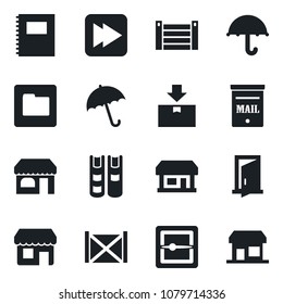 Set of vector isolated black icon - umbrella vector, shop, store, container, package, fast forward, scanner, folder, copybook, book, mailbox, door, storefront