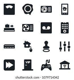 Set of vector isolated black icon - baggage conveyor vector, stamp, scales, gamepad, settings, fast forward, record, air conditioner, vip zone, home control, remote, app, garage gate