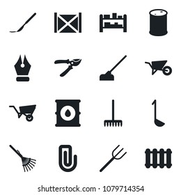 Set of vector isolated black icon - farm fork vector, rake, wheelbarrow, pruner, hoe, scalpel, container, oil barrel, rack, paper clip, ink pen, ladle, radiator