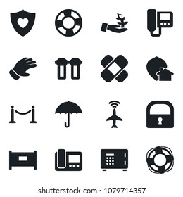 Set of vector isolated black icon - plane radar vector, fence, safe, glove, patch, heart shield, umbrella, lock, intercome, water filter, home protect, palm sproute, crisis management
