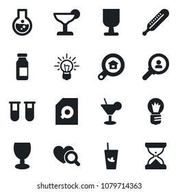 Set of vector isolated black icon - bulb vector, blood test vial, thermometer, heart diagnostic, ampoule, fragile, document search, estate, cocktail, phyto bar, consumer, idea, flask, sand clock
