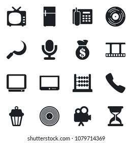 Set of vector isolated black icon - sickle vector, film frame, vinyl, tv, video camera, microphone, call, abacus, office phone, outdoor lamp, fridge, money bag, sand clock