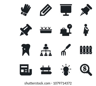 Set of vector isolated black icon - signpost vector, luggage scales, hierarchy, pencil, garden fork, glove, seedling, caries, pregnancy, paper pin, presentation board, news, fence, bulb