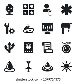 Set of vector isolated black icon - plane radar vector, passport, statistic monitor, contract, water drop, ambulance star, patient, route, application, root setup, pond, supply, fruit tree