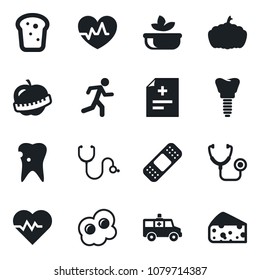 Set of vector isolated black icon - pumpkin vector, heart pulse, diagnosis, stethoscope, patch, ambulance car, run, caries, implant, diet, salad, bread, omelette, cheese