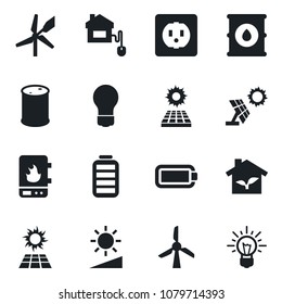 Set of vector isolated black icon - bulb vector, oil barrel, battery, brightness, sun panel, home control, eco house, socket, water heater, windmill, idea