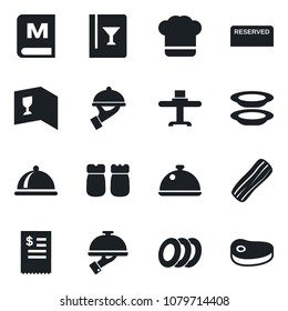 Set of vector isolated black icon - dish vector, restaurant table, cook hat, wine card, menu, reserved, plates, bacon, waiter, salt and pepper, receipt, steak