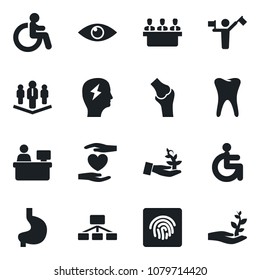 Set of vector isolated black icon - dispatcher vector, disabled, brainstorm, manager place, heart hand, stomach, tooth, eye, joint, fingerprint id, meeting, company, palm sproute, hierarchy
