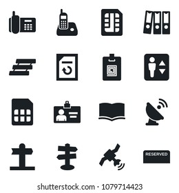 Set of vector isolated black icon - elevator vector, identity card, book, document reload, signpost, office phone, satellite antenna, radio, sim, paper binder, tray, reserved