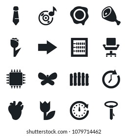 Set of vector isolated black icon - right arrow vector, tie, stamp, fence, butterfly, real heart, tulip, music, abacus, office chair, ham, chip, clock