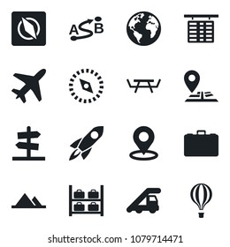 Set of vector isolated black icon - plane vector, ladder car, flight table, luggage storage, case, picnic, navigation, earth, route, place tag, compass, mountains, rocket, guidepost, air balloon