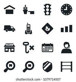 Set of vector isolated black icon - store vector, traffic light, office phone, support, car delivery, clock, term, sea port, warehouse storage, no hook, sorting, shield, flammable, search cargo