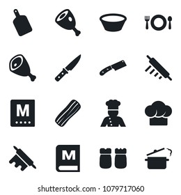 Set of vector isolated black icon - cook vector, cafe, hat, menu, bacon, salt and pepper, ham, bowl, rolling pin, cutting board, knife, steaming pan