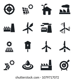 Set of vector isolated black icon - factory vector, bird house, target, sun panel, windmill, eco, water