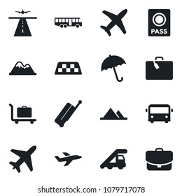 Set of vector isolated black icon - plane vector, runway, taxi, suitcase, baggage trolley, airport bus, umbrella, passport, ladder car, mountains, case
