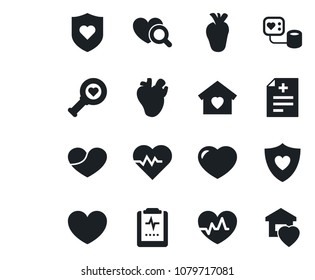 Set of vector isolated black icon - heart vector, pulse, diagnosis, blood pressure, diagnostic, shield, real, clipboard, sweet home