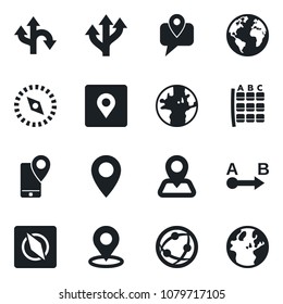 Set of vector isolated black icon - seat map vector, route, navigation, earth, pin, mobile tracking, network, place tag, compass