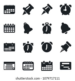 Set of vector isolated black icon - alarm clock vector, calendar, term, paper pin, bell, drawing, schedule