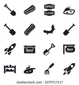Set of vector isolated black icon - job vector, garden fork, shovel, caterpillar, rack, pond, rent, bacon, open close, rocket