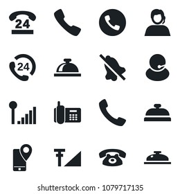 Set of vector isolated black icon - phone vector, reception bell, office, 24 hours, support, mobile tracking, call, mute, cellular signal