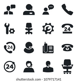 Set of vector isolated black icon - 24 around vector, office chair, hours, support, speaker, radio phone, call, root setup