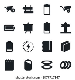 Set of vector isolated black icon - signpost vector, notepad, presentation board, wheelbarrow, battery, low, charge, blank box, plates