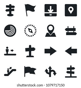Set of vector isolated black icon - escalator vector, signpost, right arrow, left, radar, route, pin, download, place tag, compass, flag, guidepost