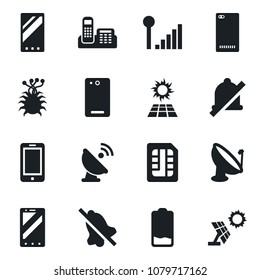 Set of vector isolated black icon - mobile phone vector, virus, satellite antenna, low battery, back, sim, mute, cellular signal, office, sun panel