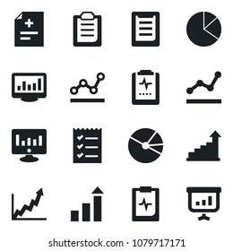 Set of vector isolated black icon - growth statistic vector, monitor, diagnosis, pulse clipboard, statistics, pie graph, checklist, point, presentation