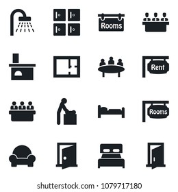 Set of vector isolated black icon - baby room vector, bed, shower, checkroom, meeting, fireplace, plan, rent, rooms, bedroom, cushioned furniture, door