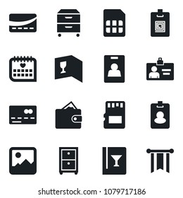 Set of vector isolated black icon - credit card vector, identity, medical calendar, gallery, sd, sim, archive box, wine, pass, wallet, pennon