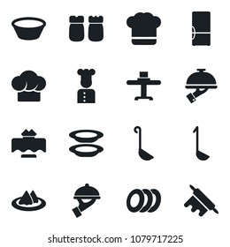 Set of vector isolated black icon - fridge vector, cook, restaurant table, serviette, hat, plates, waiter, salt and pepper, ladle, bowl, rolling pin