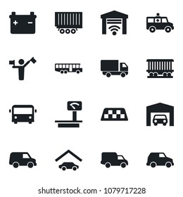 Set of vector isolated black icon - dispatcher vector, taxi, airport bus, ambulance car, railroad, truck trailer, delivery, heavy scales, garage, gate control, battery