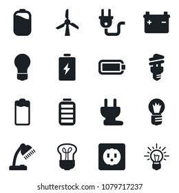 Set of vector isolated black icon - bulb vector, battery, desk lamp, socket, power plug, energy saving, windmill, idea