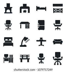 Set of vector isolated black icon - bed vector, office chair, desk, bench, fireplace, lamp, bedroom, cushioned furniture, restaurant table, alcove, fridge