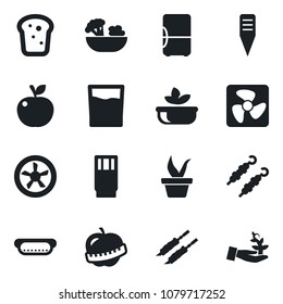 Set of vector isolated black icon - seedling vector, plant label, diet, drink, salad, bread, kebab, hot dog, apple fruit, fan, fridge, palm sproute