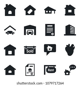 Set of vector isolated black icon - office building vector, house, real heart, contract, with garage, estate document, rent, sold signboard, smart home, message