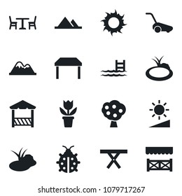 Set of vector isolated black icon - cafe vector, flower in pot, lawn mower, lady bug, sun, pond, picnic table, brightness, pool, fruit tree, mountains, alcove