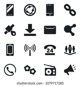 Set of vector isolated black icon - antenna vector, mobile phone, gear, satellite, 24 hours, radio, network, cell, share, chain, download, mail, company, advertising