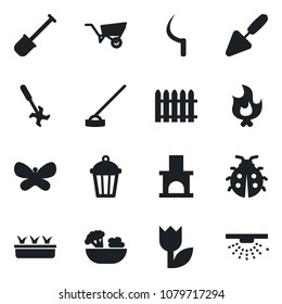 Set of vector isolated black icon - trowel vector, shovel, fence, wheelbarrow, butterfly, lady bug, fire, seedling, hoe, sickle, garden light, fireplace, ripper, tulip, salad, sprinkler