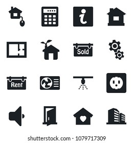Set of vector isolated black icon - house vector, plan, rent, sold signboard, sweet home, control, eco, socket, air conditioner, gear, sound, door, combination lock, information, sprinkler