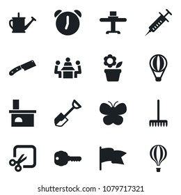 Set of vector isolated black icon - flower in pot vector, shovel, rake, watering can, butterfly, fireplace, syringe, alarm, cut, meeting, key, restaurant table, knife, flag, air balloon