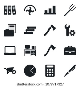 Set of vector isolated black icon - desk vector, farm fork, ripper, wheelbarrow, axe, root setup, case, bar graph, pie, document folder, calculator, paper binder, tray, notebook pc, pen